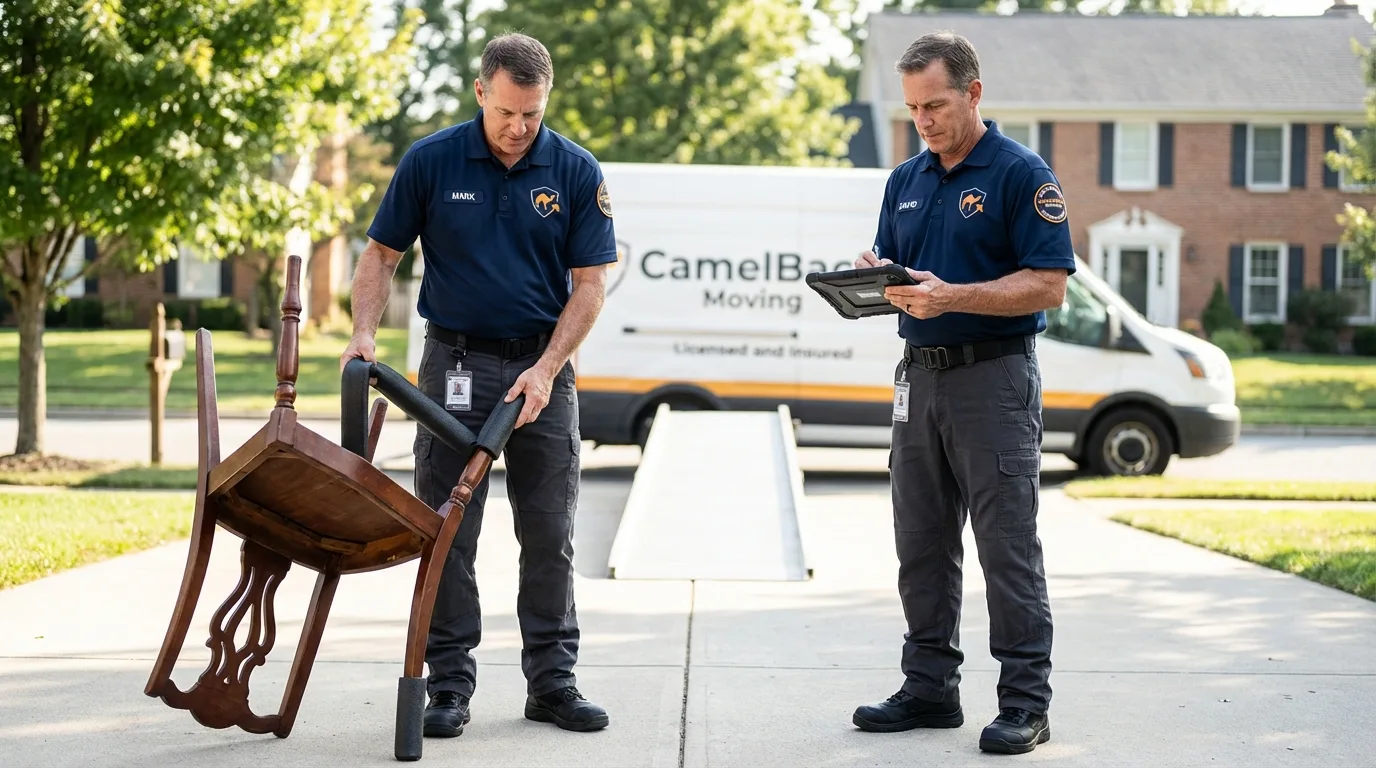 Movers inspecting furniture for damage prevention before loading in Bay Village, OH