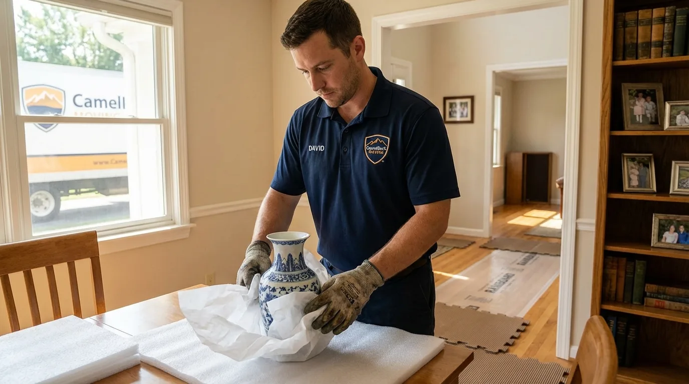 Professional crew carefully wrapping antique vase for senior downsizing move in Bay Village, OH